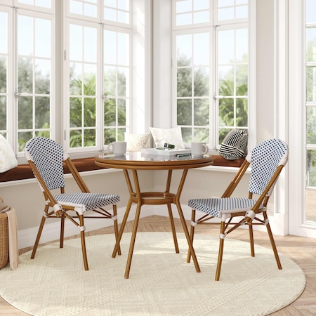 Flash Furniture Lourdes French Bistro 31.5in. Table, White and Navy PE Rattan, Glass Top w/2 Stack Chairs - Natural SDA-AD641012-80-2001-F-WHNVY-NAT-GG